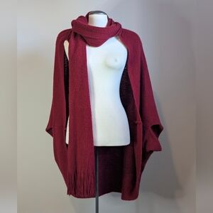Burgundy Red Cape Batwing Cozy Knit Sweater Fringe Western Goth Whimsy Fairy